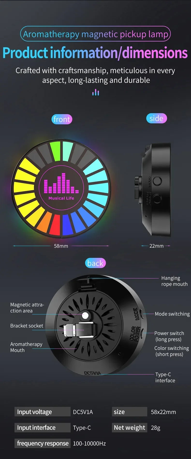 1 Pcs Aromatherapy Magnetic Pickup Lamp Colorful Ambient Air Fresher Round RGB Lights Rechargeable for Car Air Outlet or Room