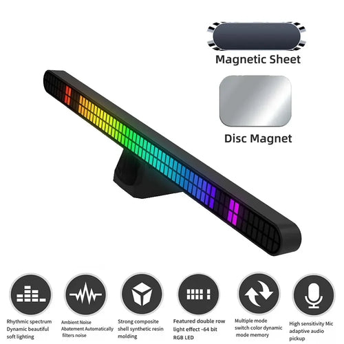 30CM Double-row 64bit RGB PickUp LED Bar Voice Controlled Light Rechargeable Magnetic Music Rhythm Light Car Atmosphere Lighting