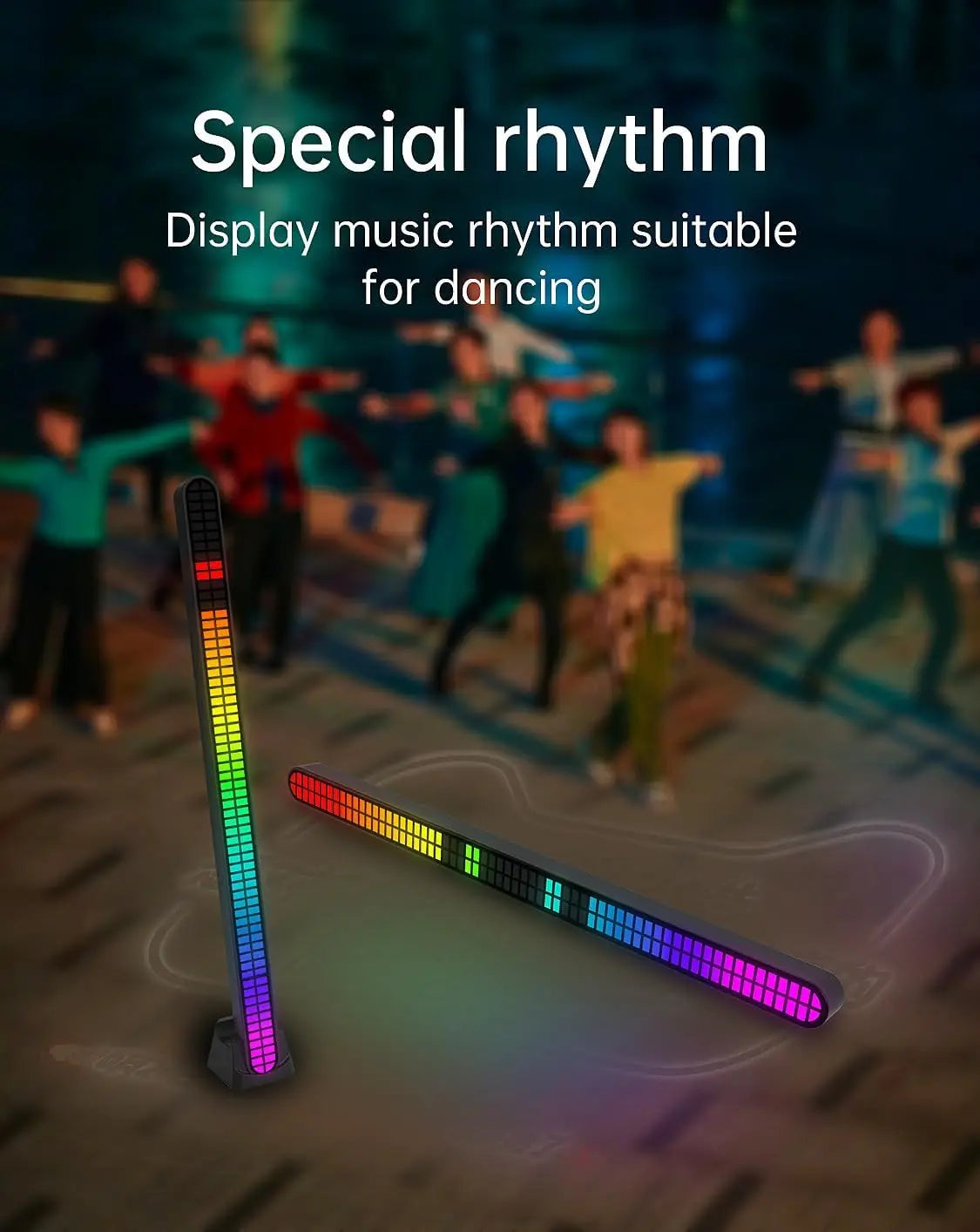 30CM Double-row 64bit RGB PickUp LED Bar Voice Controlled Light Rechargeable Magnetic Music Rhythm Light Car Atmosphere Lighting