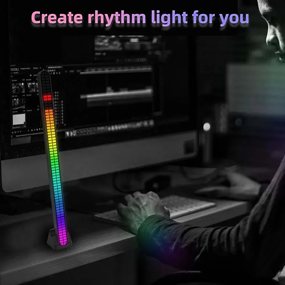 30CM Double-row 64bit RGB PickUp LED Bar Voice Controlled Light Rechargeable Magnetic Music Rhythm Light Car Atmosphere Lighting