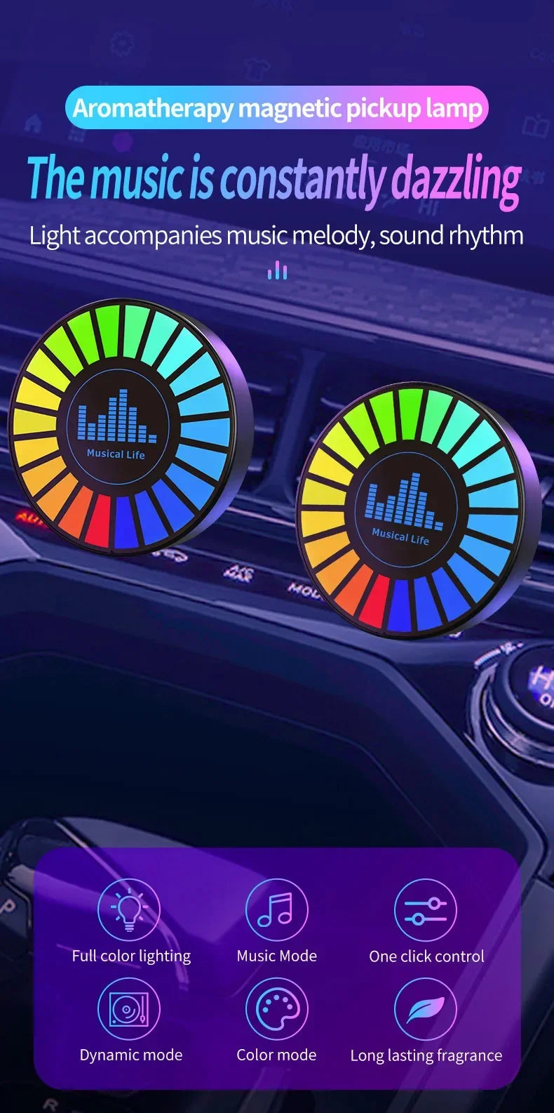 1 Pcs Aromatherapy Magnetic Pickup Lamp Colorful Ambient Air Fresher Round RGB Lights Rechargeable for Car Air Outlet or Room