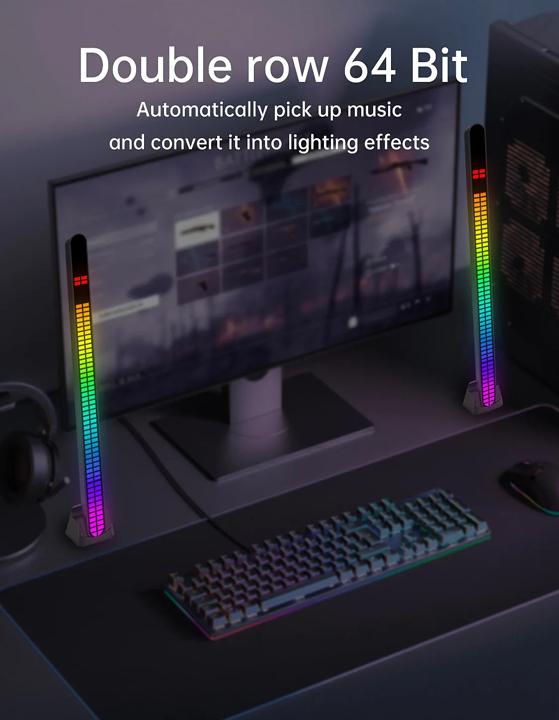 30CM Double-row 64bit RGB PickUp LED Bar Voice Controlled Light Rechargeable Magnetic Music Rhythm Light Car Atmosphere Lighting