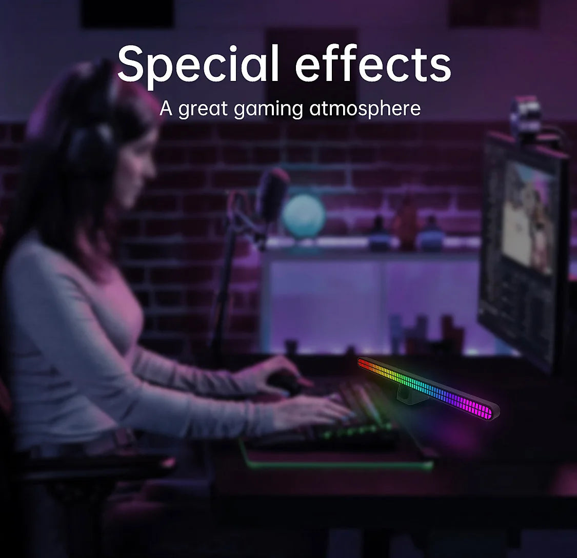 30CM Double-row 64bit RGB PickUp LED Bar Voice Controlled Light Rechargeable Magnetic Music Rhythm Light Car Atmosphere Lighting